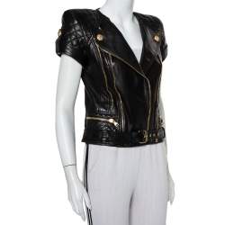 Pre Owned Balmain Black Leather Quilted Detail Short Sleeve Biker Jacket S