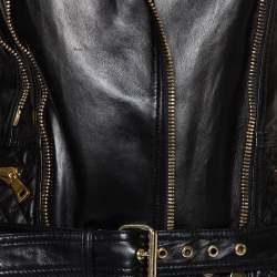 Pre Owned Balmain Black Leather Quilted Detail Short Sleeve Biker Jacket S