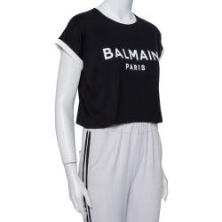 Pre Owned Balmain Black Logo Printed Cotton Crop Top XXS