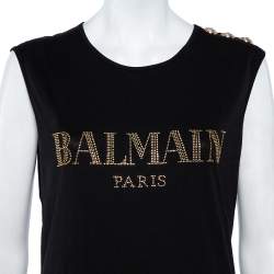 Pre Owned Balmain Black Cotton Logo Embellished Sleeveless T-Shirt S