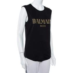Pre Owned Balmain Black Cotton Logo Embellished Sleeveless T-Shirt S