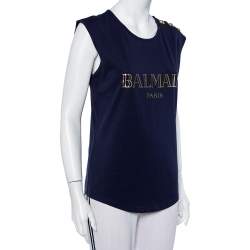 Pre Owned Balmain Navy Blue Logo Printed Cotton Button Detail Tank Top S