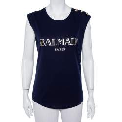 Pre Owned Balmain Navy Blue Logo Printed Cotton Button Detail Tank Top S