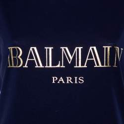 Pre Owned Balmain Navy Blue Logo Printed Cotton Button Detail Tank Top S