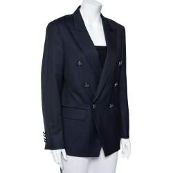 Pre Owned Balmain Navy Blue Textured Wool Double Breasted Blazer L