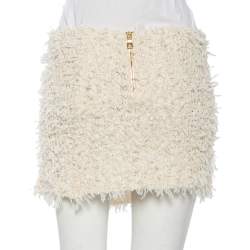 Pre Owned Balmain Ivory Bouclé Button Detail Mini Skirt M 