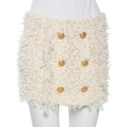 Pre Owned Balmain Ivory Bouclé Button Detail Mini Skirt M 