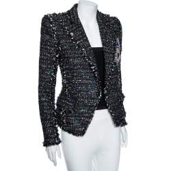 Pre Owned Balmain Black Tinsel Tweed Embellished Patch Detail Blazer S