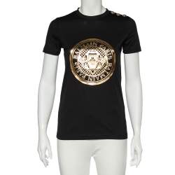 Balmain Black & Gold Medallion Print Cotton Button Detail T-Shirt XS