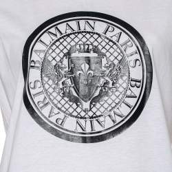 Pre Owned Balmain White Medallion Print Cotton Button Detail Sleeveless T-Shirt S
