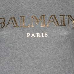 Pre Owned Balmain Grey Logo Print Cotton Long Sleeve T-Shirt XXS