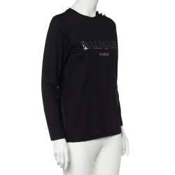 Pre Owned Balmain Black Logo Print Cotton Button Detail Long Sleeve T-Shirt XS