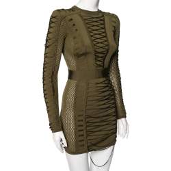 Pre Owned Balmain Olive Green Knit Cinched Waist Detailed Lace Up Mini Dress S