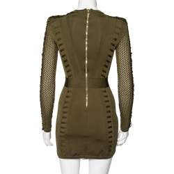 Pre Owned Balmain Olive Green Knit Cinched Waist Detailed Lace Up Mini Dress S