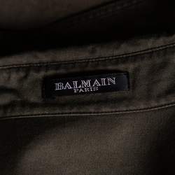 Balmain Dark Green Cotton Distressed Embellished Button Front Military Shirt M