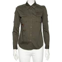 Balmain Dark Green Cotton Distressed Embellished Button Front Military Shirt M