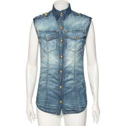 Balmain Blue Faded Effect Denim Pocket Detailed Button Front Sleeveless Shirt S