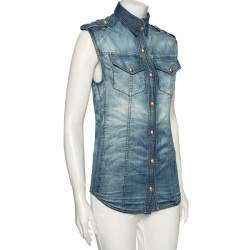 Balmain Blue Faded Effect Denim Pocket Detailed Button Front Sleeveless Shirt S