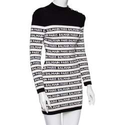 Pre Owned Balmain Monochrome Logo Knit Embossed Button Detail Bodycon Mini Dress M