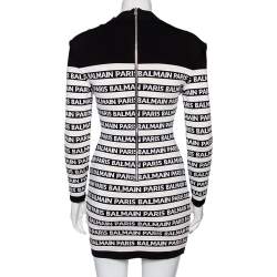 Pre Owned Balmain Monochrome Logo Knit Embossed Button Detail Bodycon Mini Dress M