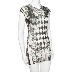 Pre Owned Balmain Monochrome Floral and Harlequin Check Printed Linen Jersey Tank Top M