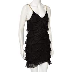 Pre Owned Balmain Black Knit Chain Sleeve Detailed Tiered Mini Dress S