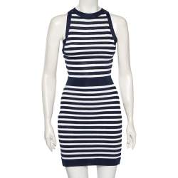 Pre Owned Balmain Navy Blue Striped Knit Sleeveless Dress S