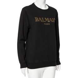Pre Owned Balmain Black Cotton Logo Printed Crew Neck Sweatshirt S