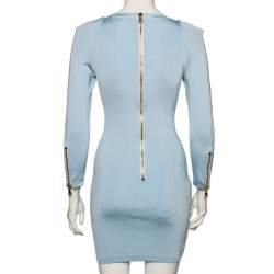 Pre Owned Balmain Light Blue Stretch Knit And Mesh Inset Neck Detailed Bodycon Dress S