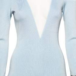 Pre Owned Balmain Light Blue Stretch Knit And Mesh Inset Neck Detailed Bodycon Dress S