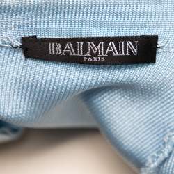 Pre Owned Balmain Light Blue Stretch Knit And Mesh Inset Neck Detailed Bodycon Dress S