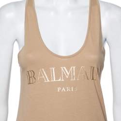 Pre Owned Balmain Beige Logo Printed Cotton Racerback Tank Top S