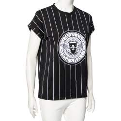 Pre Owned Balmain Black Striped Logo Printed Cotton Short Sleeve Crewneck T-Shirt S