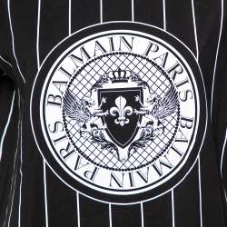 Pre Owned Balmain Black Striped Logo Printed Cotton Short Sleeve Crewneck T-Shirt S