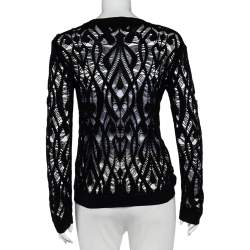 Balmain Black Perforated Knit Sheer Crewneck Top S