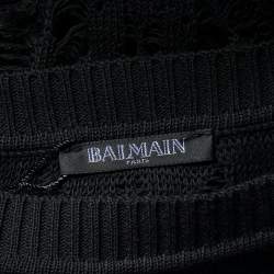 Balmain Black Perforated Knit Sheer Crewneck Top S