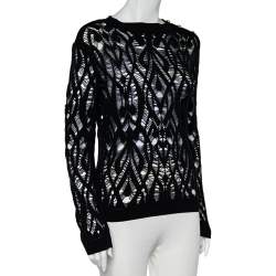 Balmain Black Perforated Knit Sheer Crewneck Top S