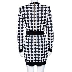 Pre Owned Balmain Monochrome Geometric Patterned Knit V-Neck Short Dress M