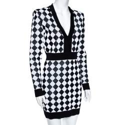 Pre Owned Balmain Monochrome Geometric Patterned Knit V-Neck Short Dress M