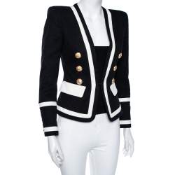 Pre Owned Balmain Monochrome Textured Cotton Button Detail Tailored Blazer S