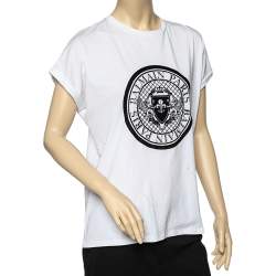 Pre Owned Balmain White Cotton Flocked Logo Detail T-Shirt M