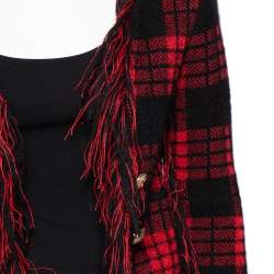 Pre Owned Balmain Red & Black Checkered Tweed Fringed Open Front Blazer S