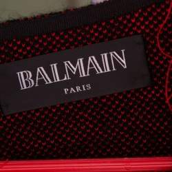 Pre Owned Balmain Red & Black Checkered Tweed Fringed Open Front Blazer S