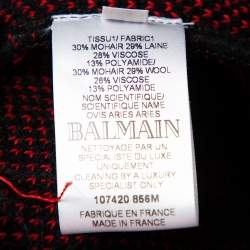 Pre Owned Balmain Red & Black Checkered Tweed Fringed Open Front Blazer S
