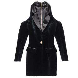 Pre Owned Balmain Black Velvet & Satin Trim Cold Shoulder Blazer Style Dress S