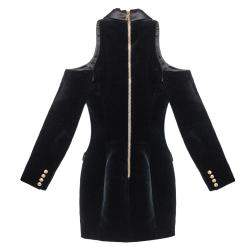 Pre Owned Balmain Black Velvet & Satin Trim Cold Shoulder Blazer Style Dress S