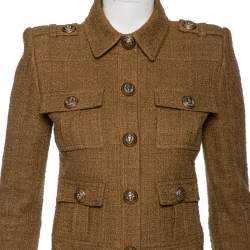 Pre Owned Balmain Olive Green Tweed Collared Button Front Cropped Jacket S