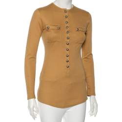 Pre Owned Balmain Tan Cotton & Cashmere Long Sleeve T-Shirt S