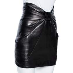 Pre Owned Balmain Black Leather Bow Detail Mini Skirt S