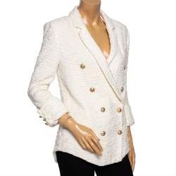 Pre Owned Balmain White Tweed Double Breasted Blazer M
